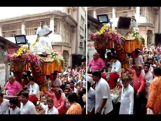 સુરતમાં અંબાજી માતાની રથયાત્રામાં વાયર નડતાં પૂજારી પટકાયા નીચે, જુઓ વીડિયો