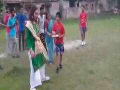 Trinamool's candidate from the Jadavpur Mimi Chakraborty plays football 
