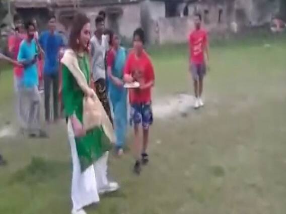 Trinamool's candidate from the Jadavpur Mimi Chakraborty plays football 